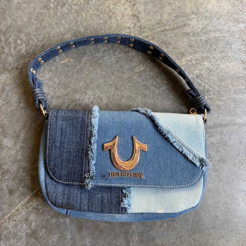 True Religion Denim Patchwork Mini Tote Satchel Blue Gold Horseshoe Logo